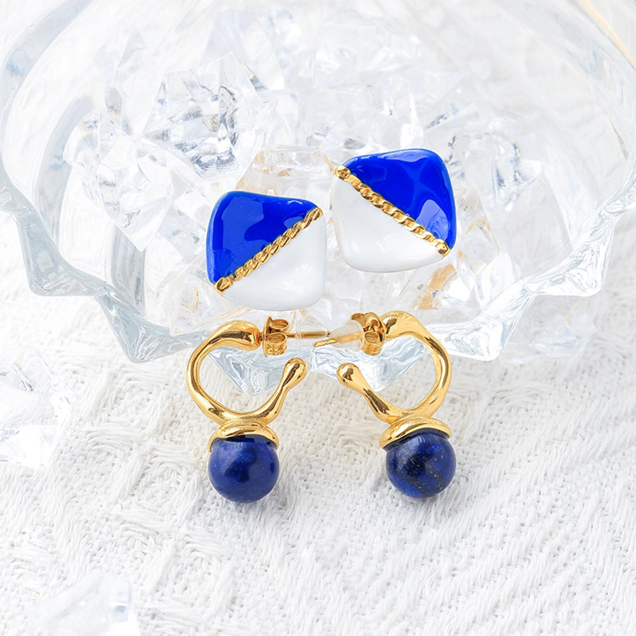 Blue Round Rhombus Epoxy Natural Stone Earrings [304 Stainless Steel,14K Gold Plated]