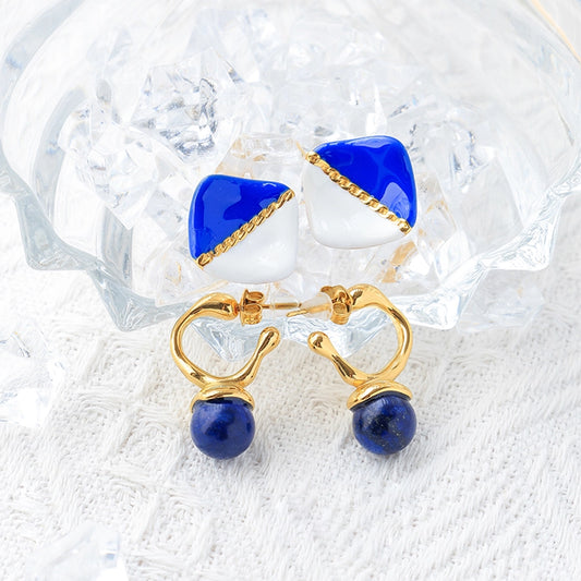 Boucles d'oreilles en pierre naturelle rhombus bleu rhombus [304 en acier inoxydable, 14 carats en or]