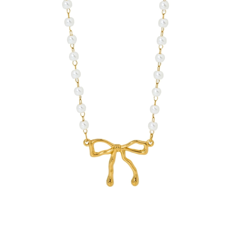 Bow Knot Beaded Pearl Pendant Necklace [304 Stainless Steel]