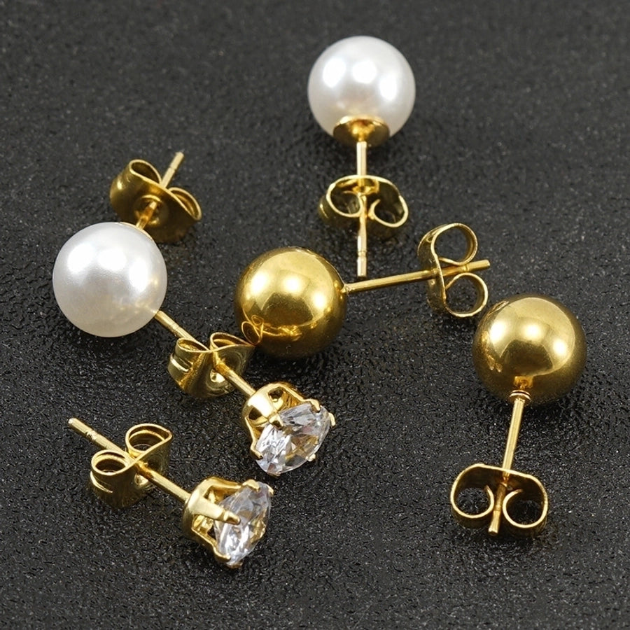 Round Artificial Pearls Zircon Earrings [304 Stainless Steel,18K Gold Plated]