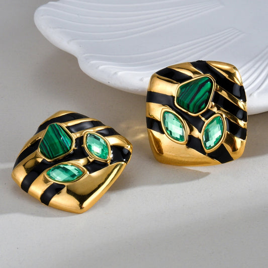 African Style Rhombus Malachite Cyrcon Studs Ear [304 STALNY STALOWA, 18 -karatowy złota]/