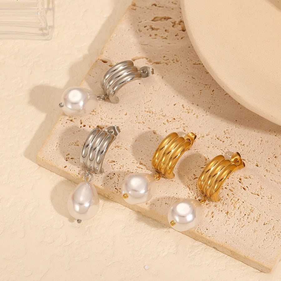 C Shape Pearl  Earrings [304 Stainless Steel, 18K Gold Plated]