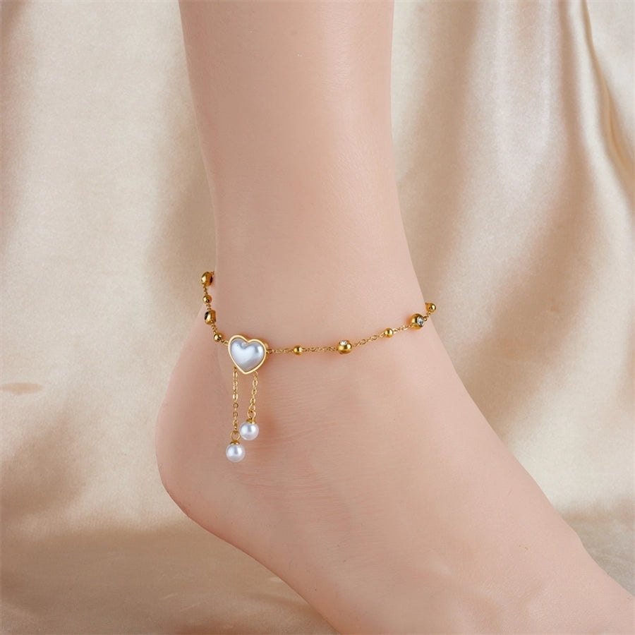 Vacation Heart Shape Eye Roman Numeral  Pearls Anklet [304 Stainless Steel, 18K Gold Plated]