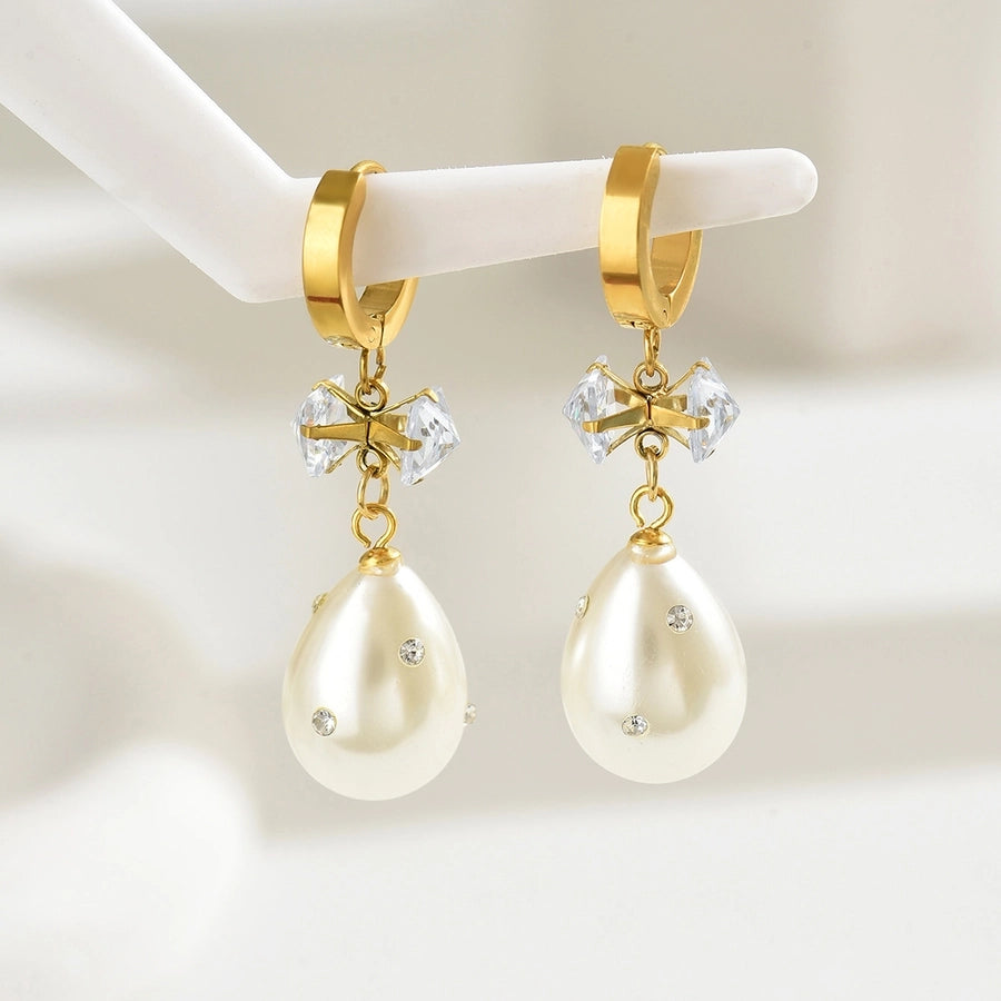 Square Water Droplets Artificial Pearls Zircon Drop Earrings [201 Stainless Steel,18K Gold Plated]