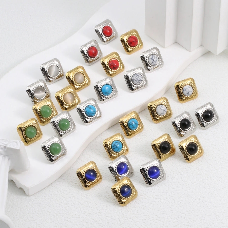 Square Natural Stone Ear Studs [304 Stal nierdzewna, 18 -karatowy złota]