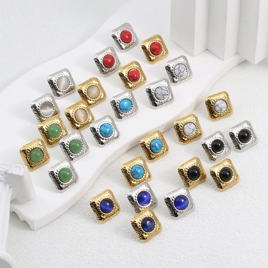 Square Natural Stone Ear Studs [304 Stainless Steel,18K Gold Plated]