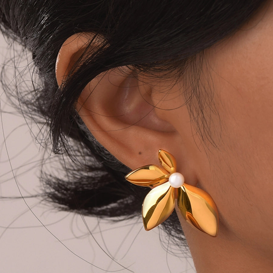 Leaf Plating Artificial Pearls Earrings [304 Stainless Steel,18K Gold Plated]