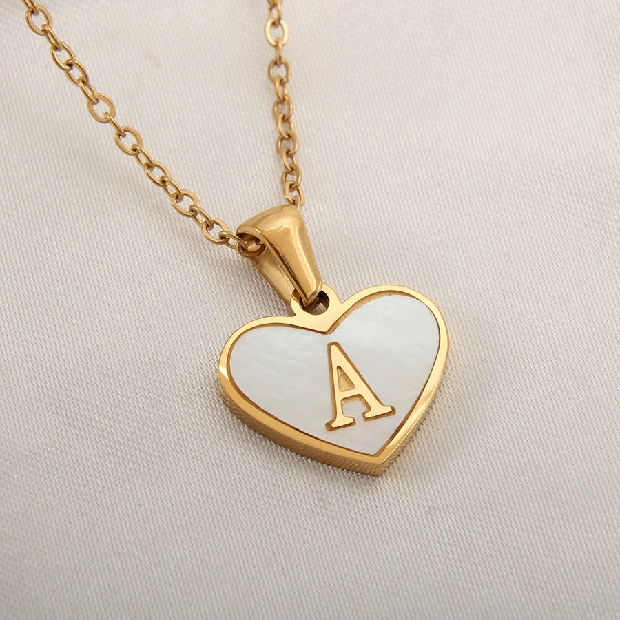 Letter Shell Heart Pendant Necklace [304 Stainless Steel,18K Gold Plated]