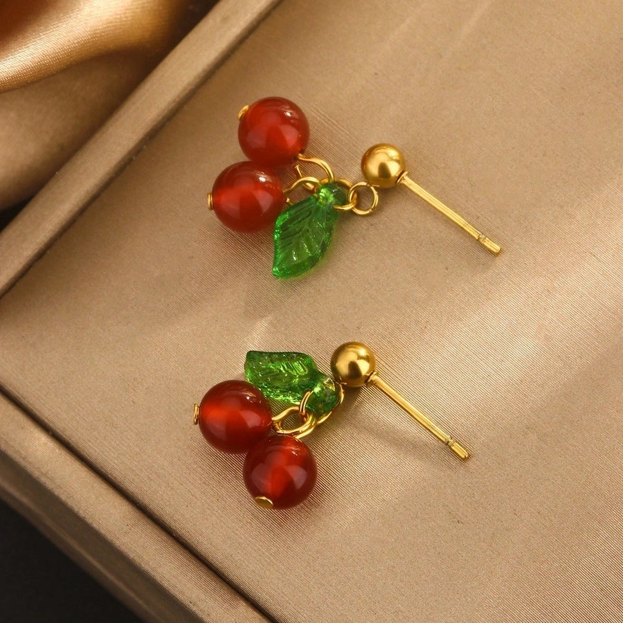 Cherry Drop Earrings [304 Stainless Steel,18K Gold Plated]