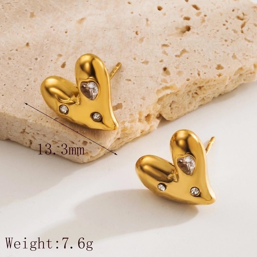 Heart Shape Zircon Ear Studs [304 Stainless Steel,18K Gold Plated]