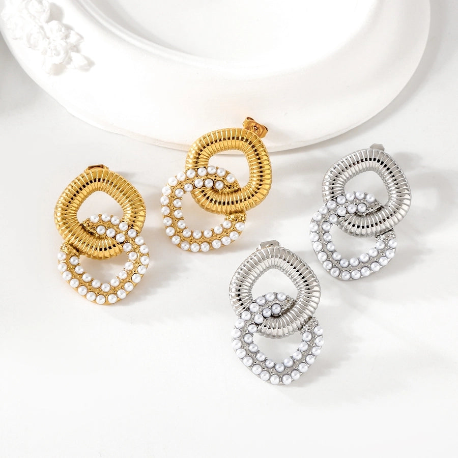 Vintage Style Double Ring Artificial Pearls Earrings [304 Stainless Steel,18K Gold Plated]