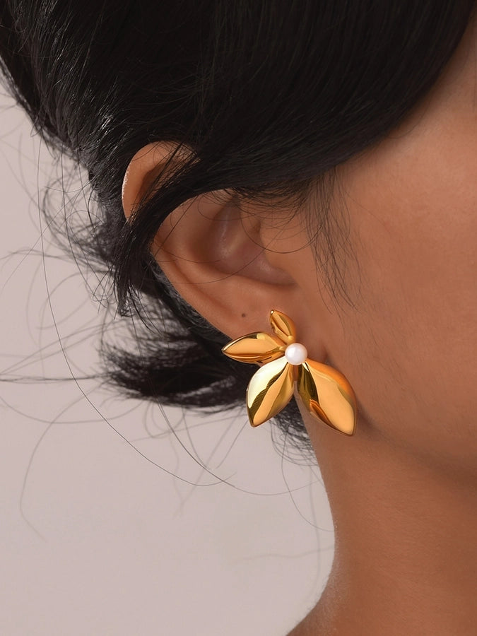 Leaf Plating Artificial Pearls Earrings [304 Stainless Steel,18K Gold Plated]