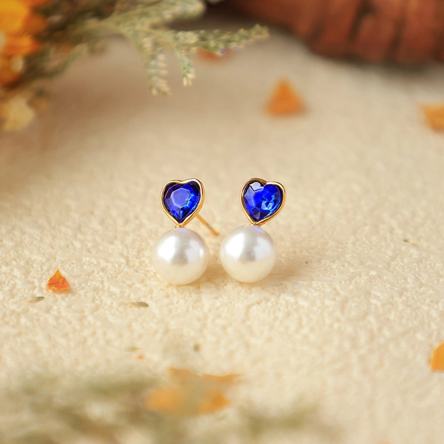 Heart ShapeZircon Pearl Earrings [304 Stainless Steel,14K Gold Plated]