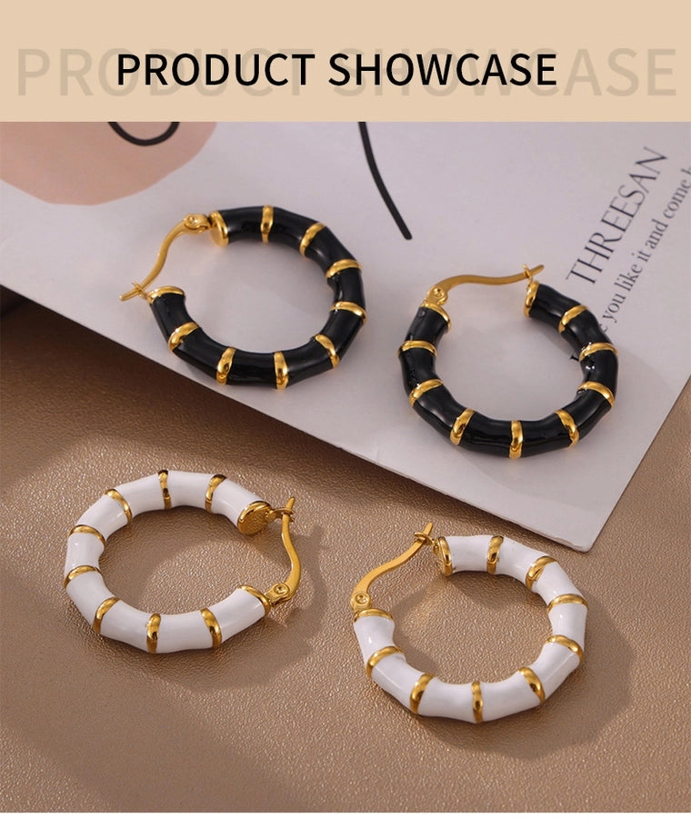 U Shape Bamboo Enamel Earrings [304 Stainless Steel,18K Gold Plated]