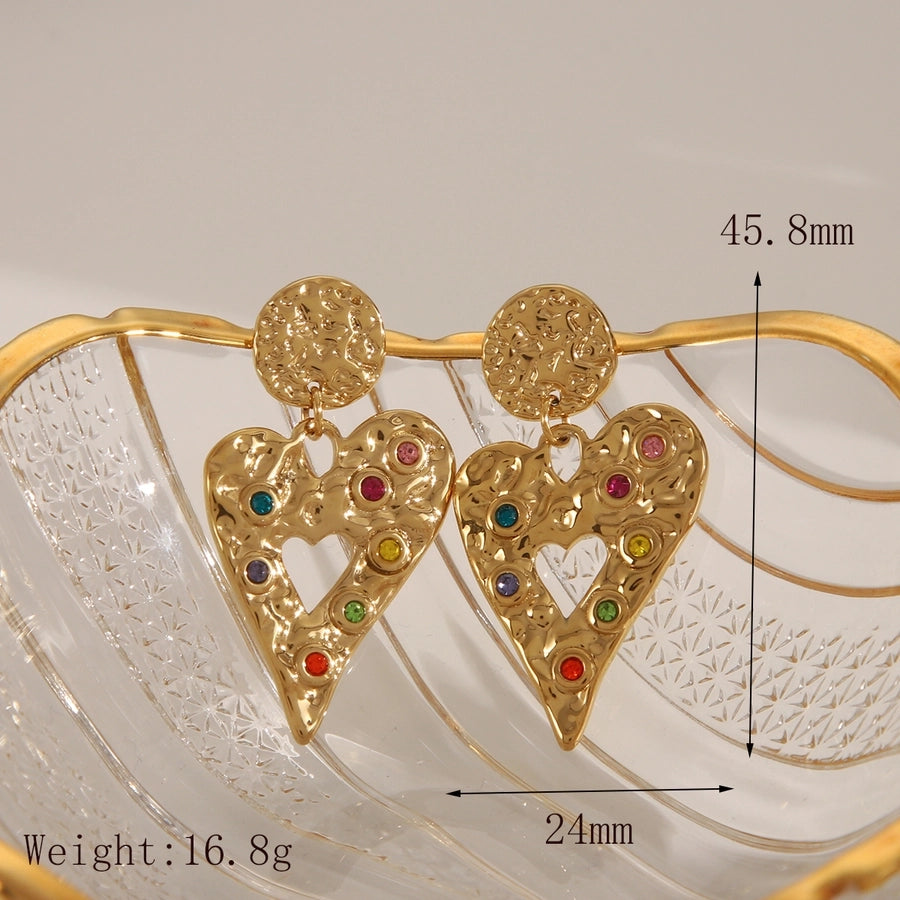 Heart Shape Zircon Drop Earrings [304 Stainless Steel, 18K Gold Plated]