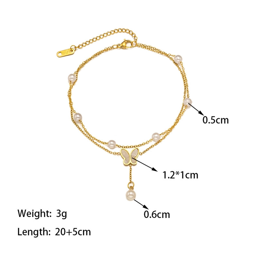 Pearl Butterfly Layered Anklet [304 z nerezové oceli, 18k zlaté]