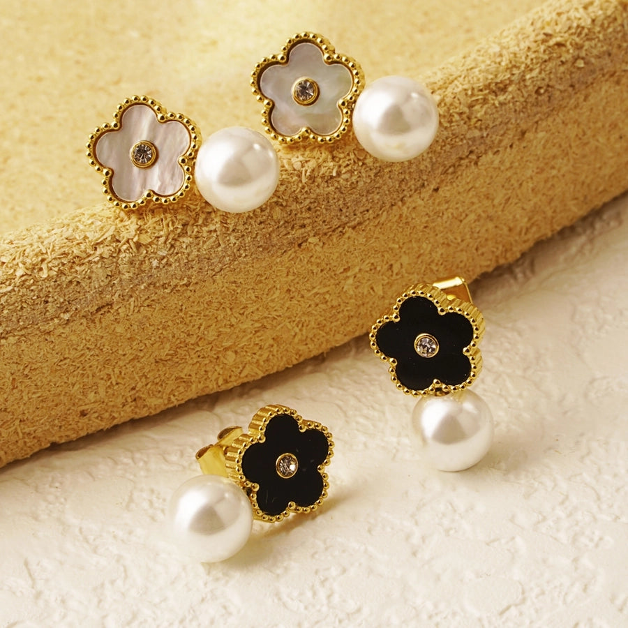 Flower Pearl Drop Earrings [304 Stainless Steel,18K Gold Plated]