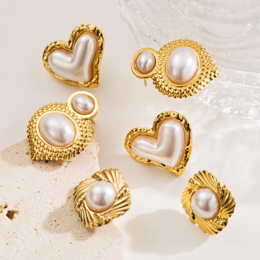 Round Square Heart Shape Pearl Earrings [304 Stainless Steel, 18K Gold Plated]