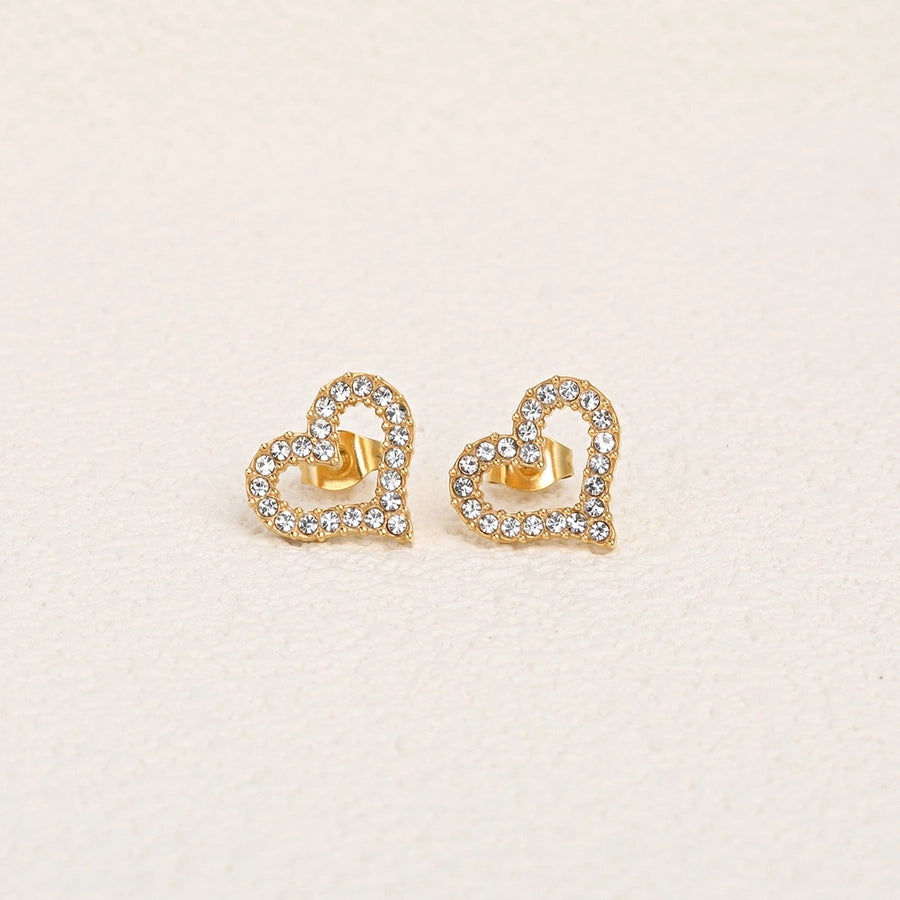 Heart Shape Rhinestone  Ear Studs [304 Stainless Steel,18K Gold Plated]