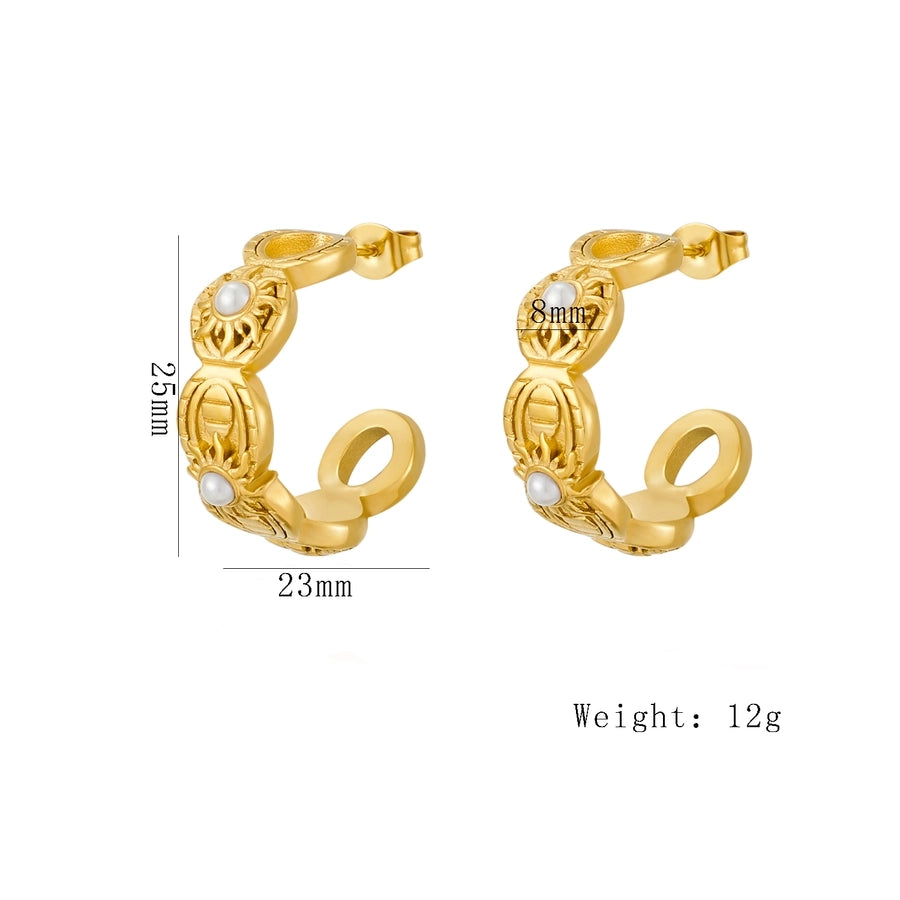 C Shape Sun Inlay Artificial Pearls Earrings [304 Stainless Steel,18K Gold Plated]