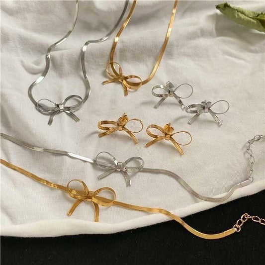 Bow Knot Necklaces/Ring/Earrings [304 Stainless Steel,18K Gold Plated]