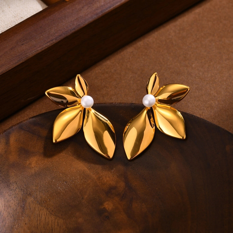 Leaf Plating Artificial Pearls Earrings [304 Stainless Steel,18K Gold Plated]