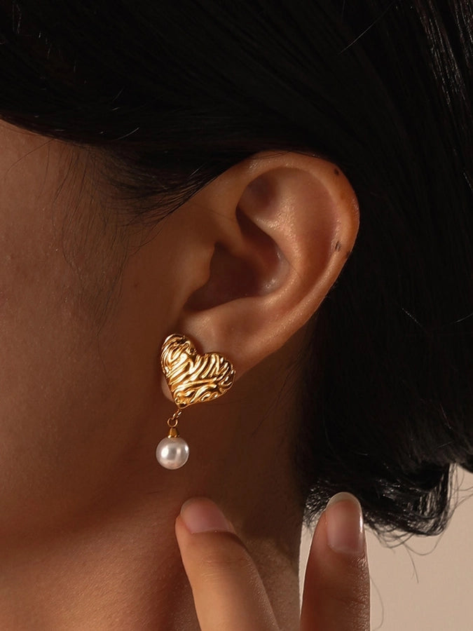 Heart Shape Artificial Pearls Earrings [201 Stainless Steel,18K Gold Plated]