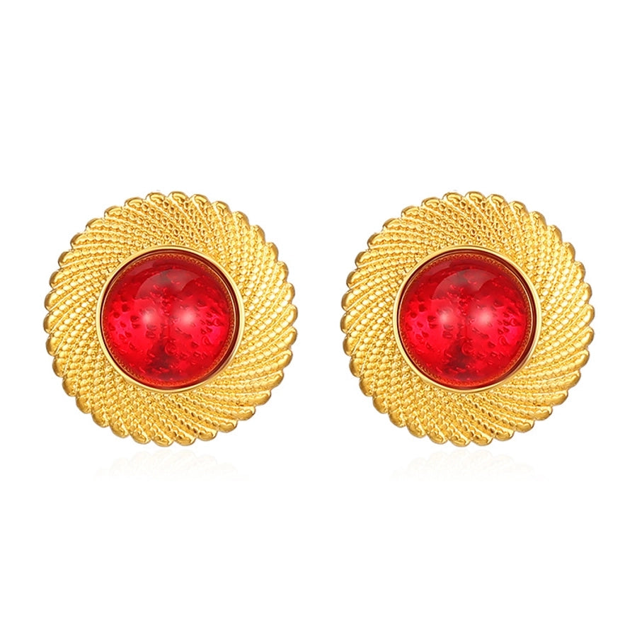 Red Gem Round Earrings [304 Stainless Steel,18K Gold Plated]