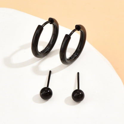 Black Hoop and Ball Earrings Set [Stainless Steel]