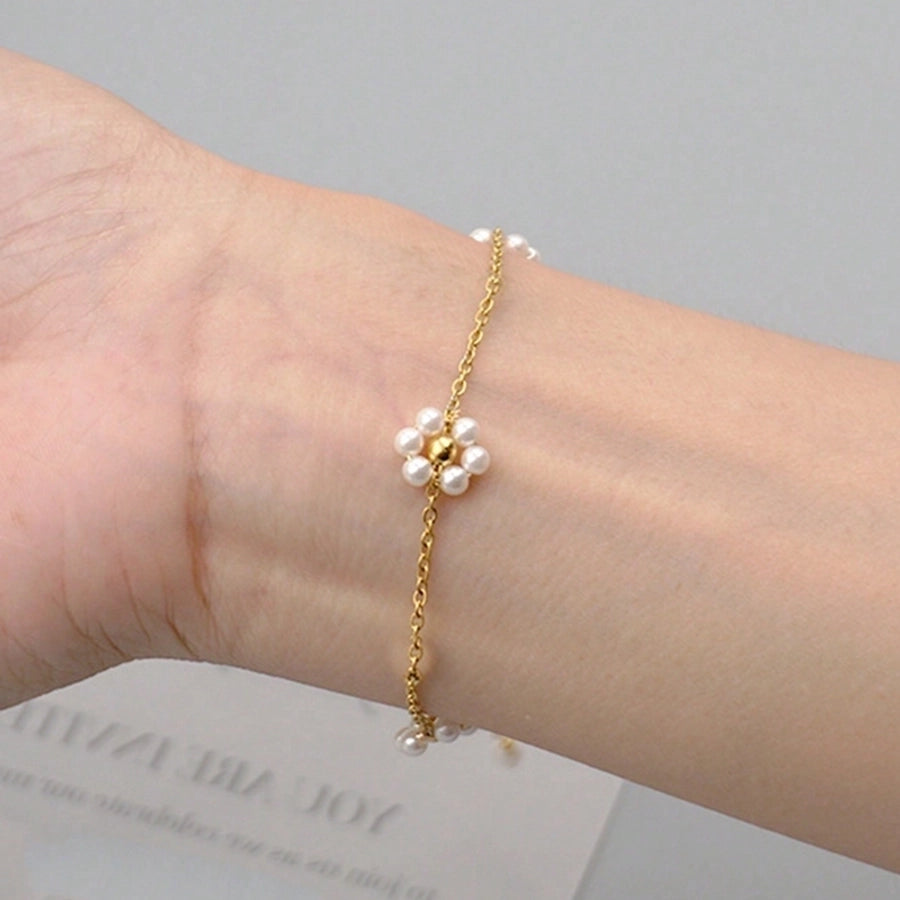 White Daisy Flower Bracelet [304 Stainless Steel,18K Gold Plated]