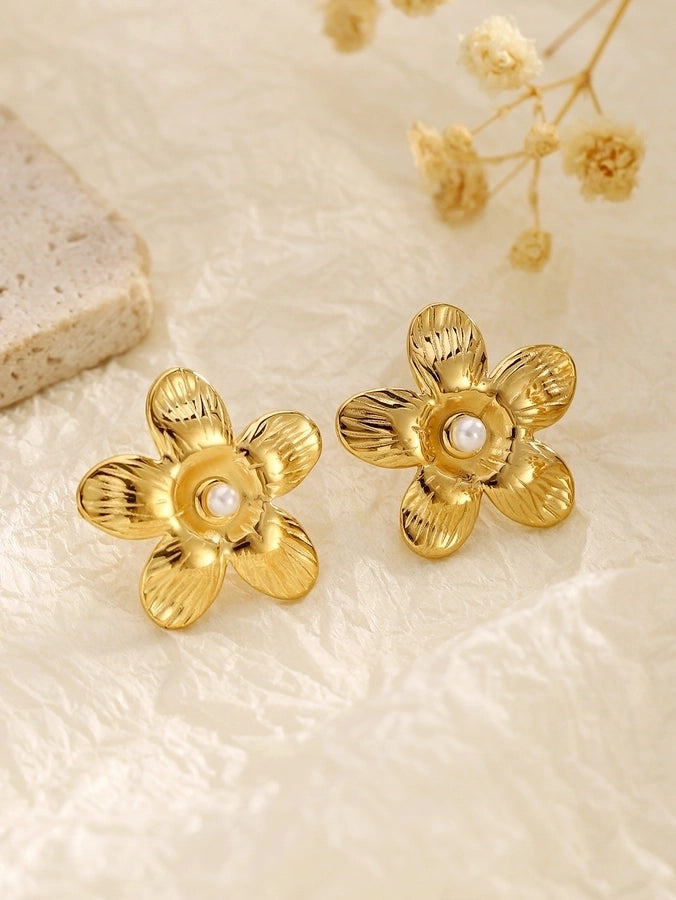 Stainless Steel New Graceful and Fashionable Inlaid Pearl Zircon Bow Flower Stud Earrings Trendy High Sense Women's Stud Earrings