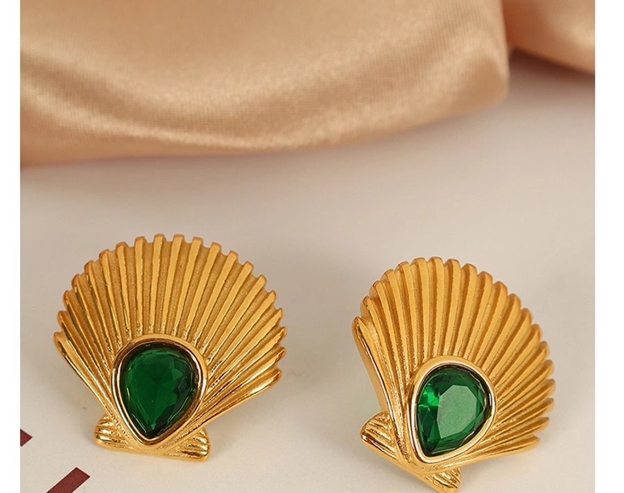 Scallop Zircon Earrings [304 Stainless Steel,18K Gold Plated]