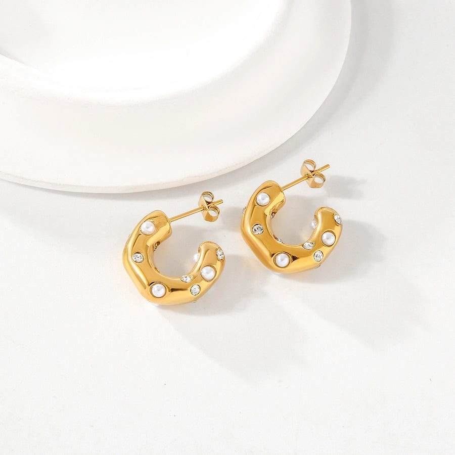 C Shape Small Pearl Earrings [304 Stainless Steel,18K Gold Plated]