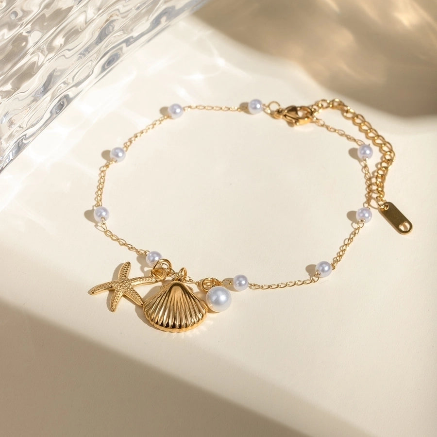 Starfish Shell Pearl Anklet [304 Stainless Steel, 18K Gold Plated]