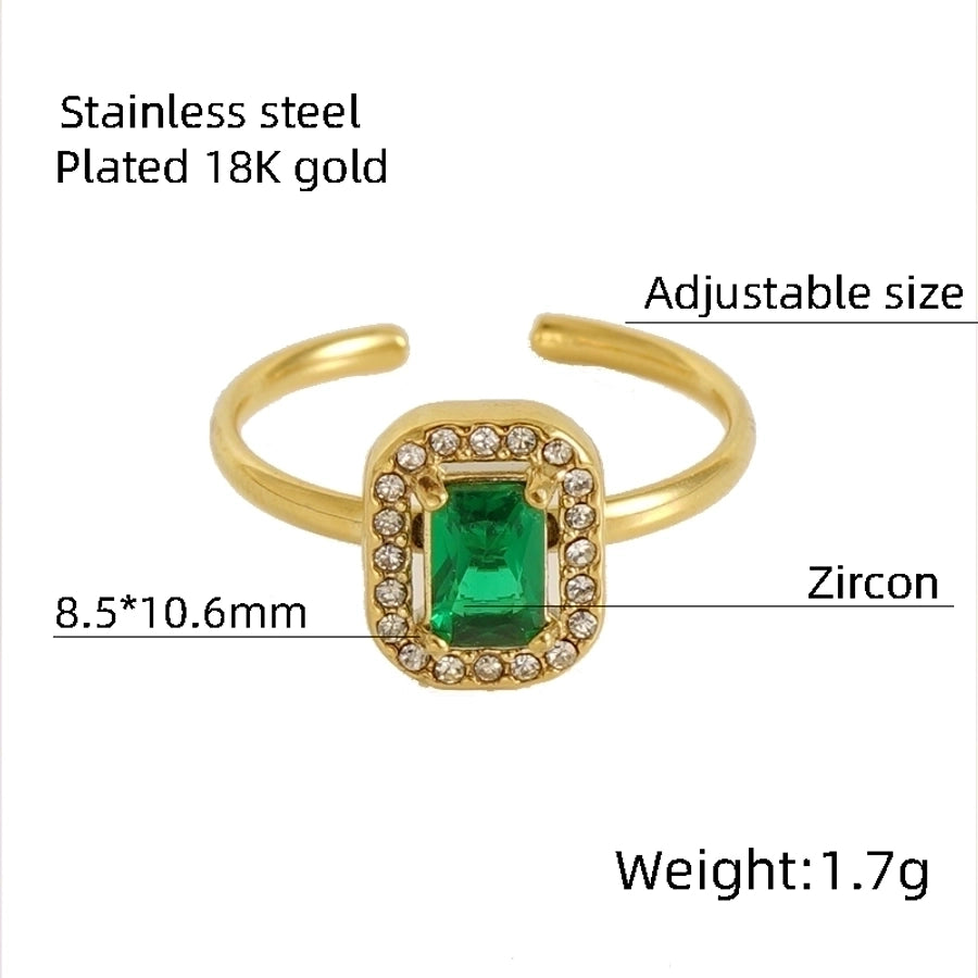 Shiny  Square Water Droplets Heart Shape Zircon Open Ring [Stainless Steel 18K Gold Plated]