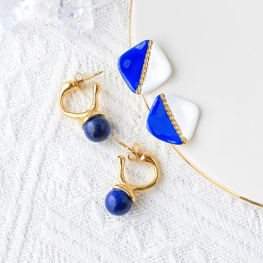 Blue Round Rhombus Epoxy Natural Stone Earrings [304 Stainless Steel,14K Gold Plated]