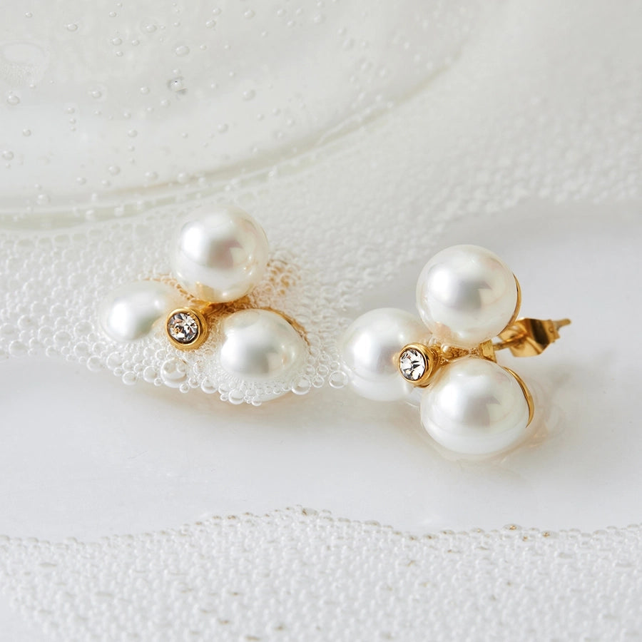 Three Pearl Earrings [304 Stainless Steel,16K Gold Plated]