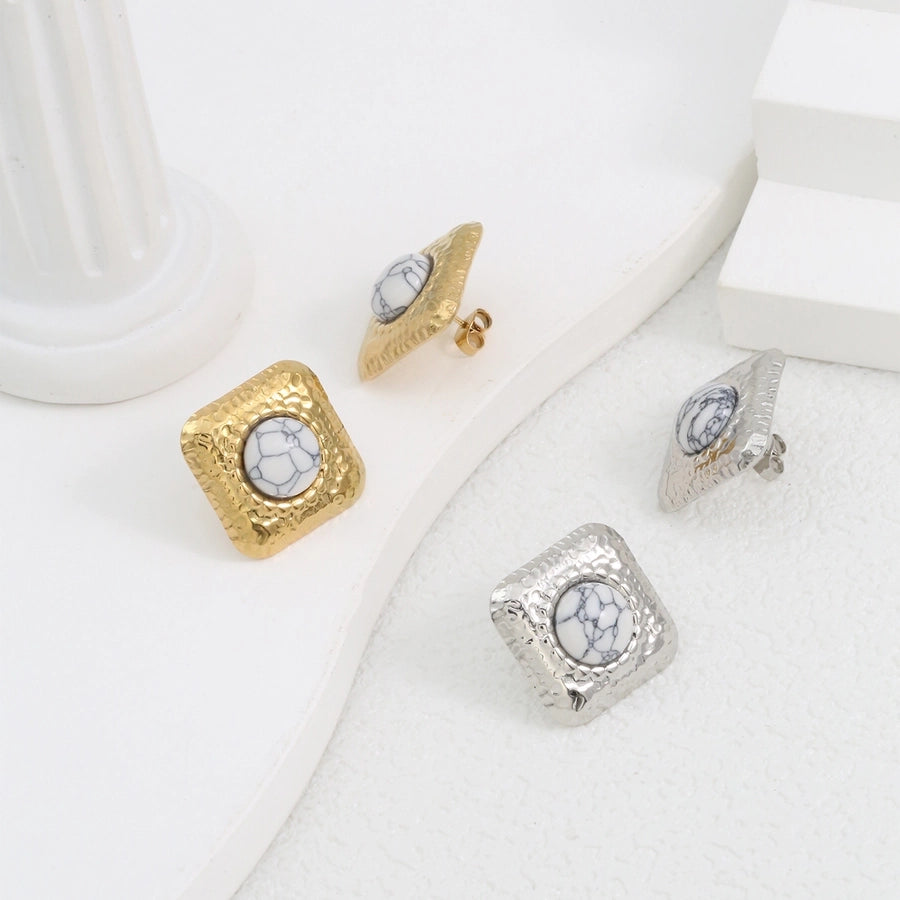 Square Natural Stone Ear Studs [304 Stainless Steel,18K Gold Plated]