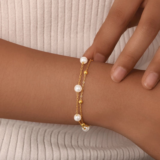 Imitation Pearl Layered Chain Bracelet [201 rustfrit stål, 18k guldbelagt]