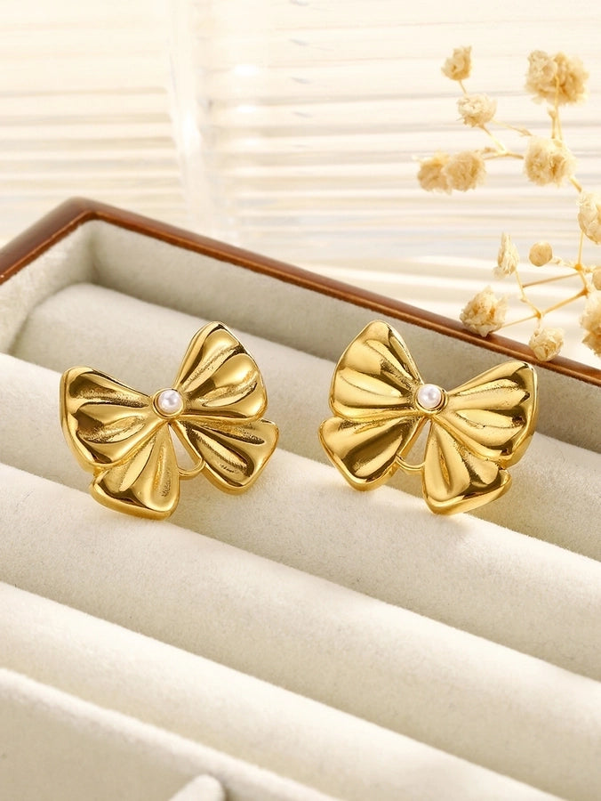 Stainless Steel New Graceful and Fashionable Inlaid Pearl Zircon Bow Flower Stud Earrings Trendy High Sense Women's Stud Earrings