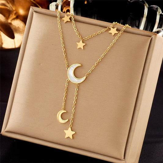 Star Moon Necklace [304 Stainless Steel,18K Gold Plated]