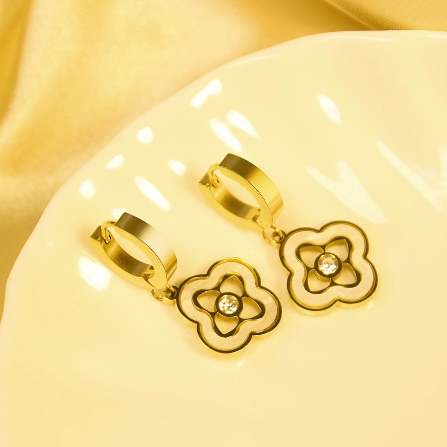 Four Leaf Clover Zircon Earrings [304 Stainless Steel,18K Gold Plated]