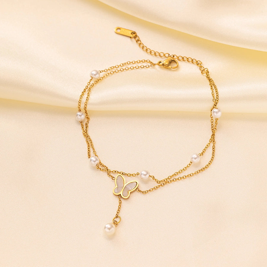 Pearl Butterfly Layered Anklet [304 Stainless Steel, 18K Gold Plated]