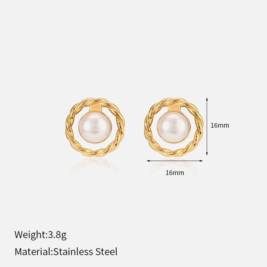 Round Artificial Pearls Ear Studs [304 Stainless Steel,18K Gold Plated]