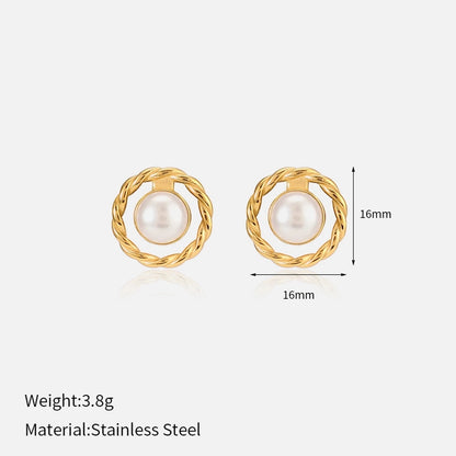 Round Artificial Pearls Ear Studs [304 aço inoxidável, peito de ouro 18k]