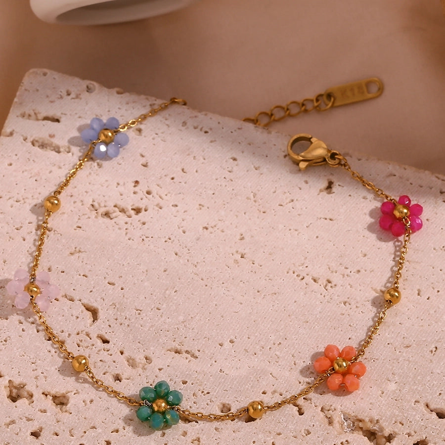 Beaded Flower Bracelet/Necklace [304 Stainless Steel,18K Gold Plated]