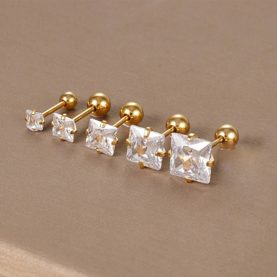 Golden Four-Claw Square Synthetic Zircon Stud Earrings [316 Stainless Steel]