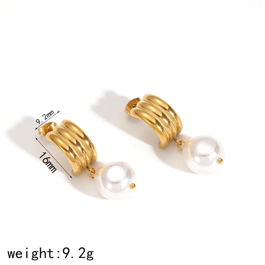 C Shape Pearl  Earrings [304 Stainless Steel, 18K Gold Plated]