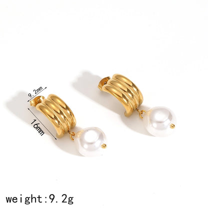 C Shape Pearl  Earrings [304 Stainless Steel, 18K Gold Plated]