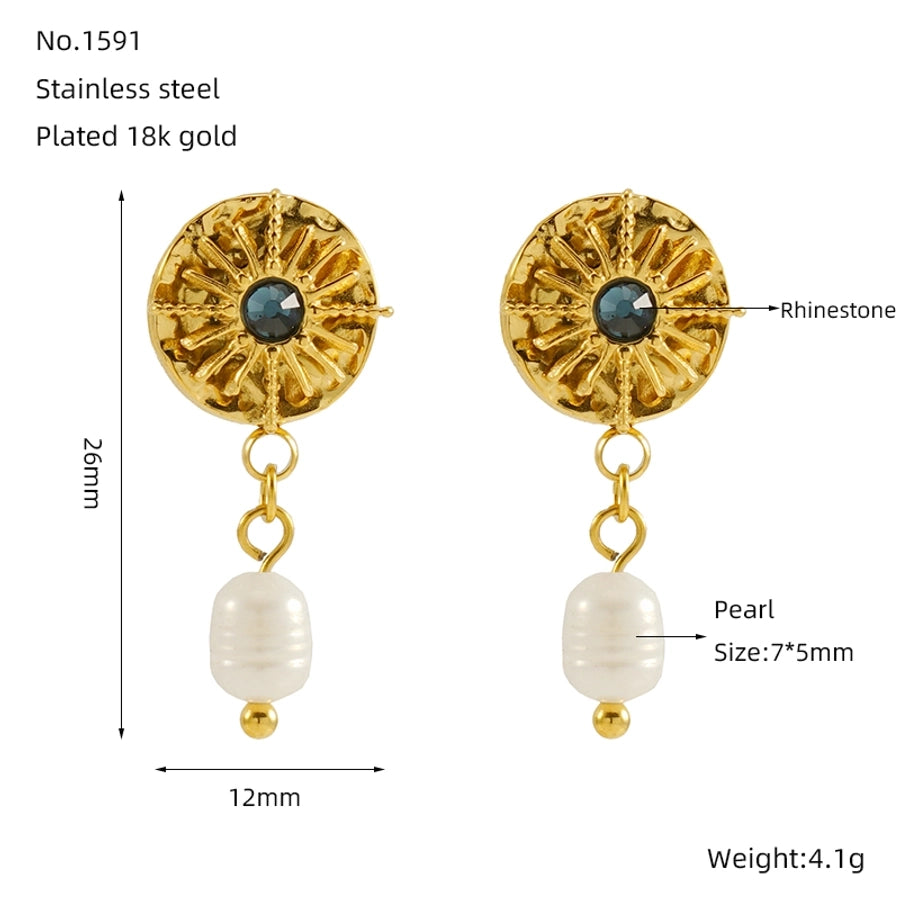 Round Astrolabe Artificial Pearls Earrings [304 Stainless Steel,18K Gold Plated]